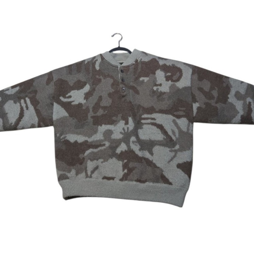 Cabelas Mens 2XL Camo Henley‎ Sweater Lined Heavy Knit Brown Gray Pullover